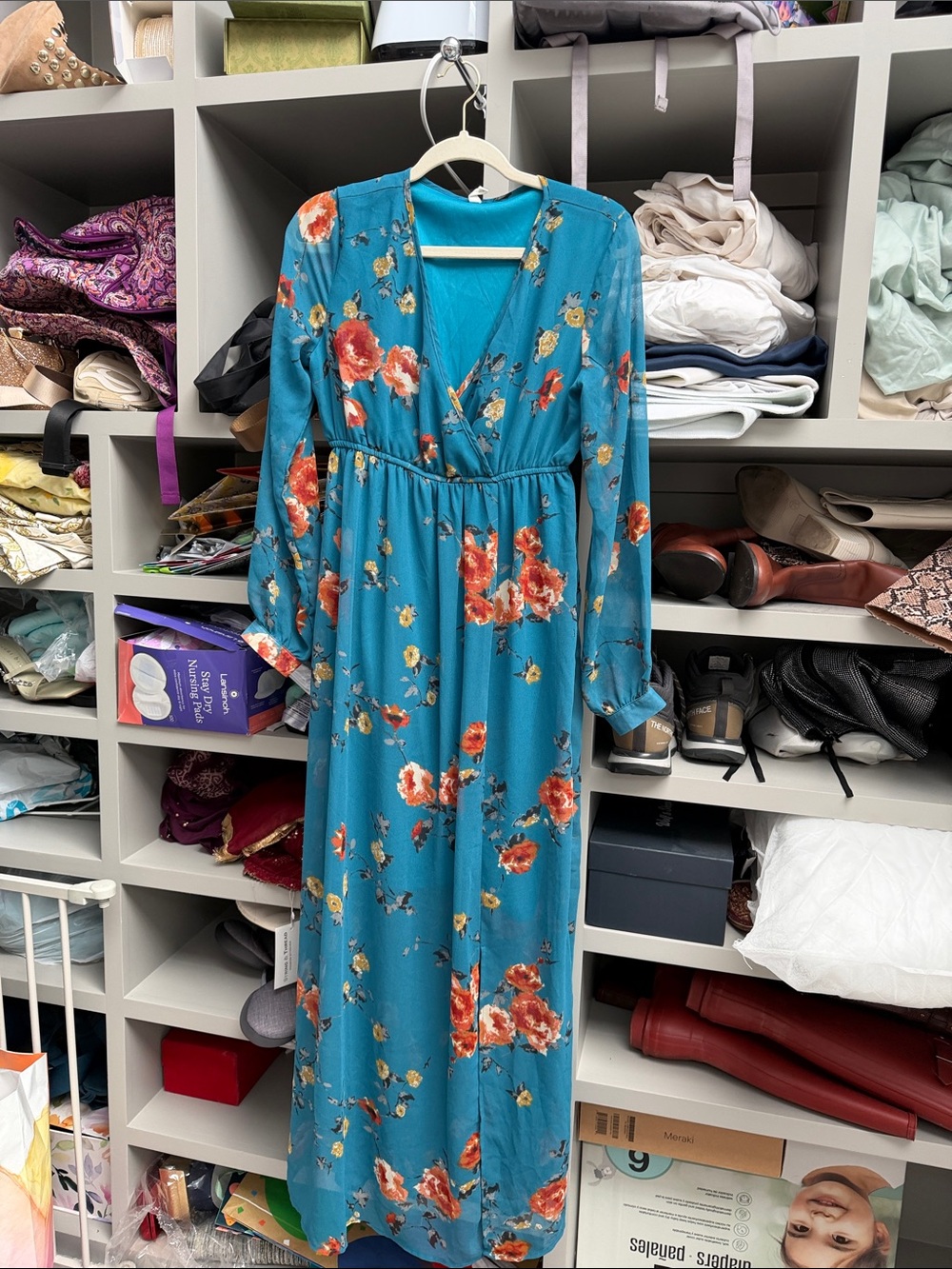 Pinkblush Teal Floral Long Sleeve Maxi Dress